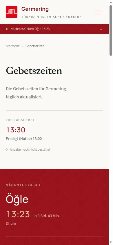 Gebetszeiten mit Countdown zum nächsten Gebet auf dem Smartphone
