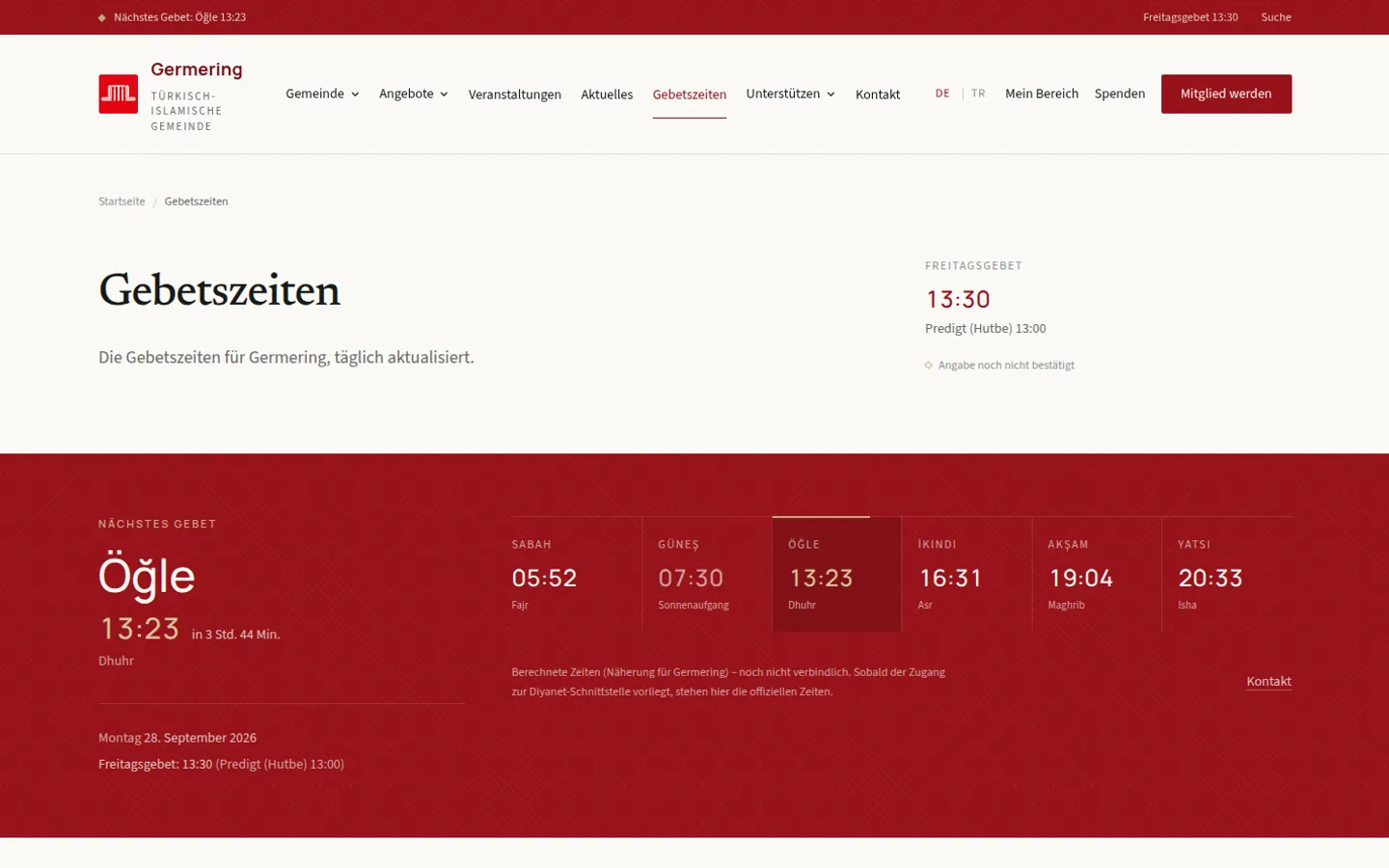 Gebetszeiten-Seite: nächstes Gebet mit Countdown und die sechs Tageszeiten