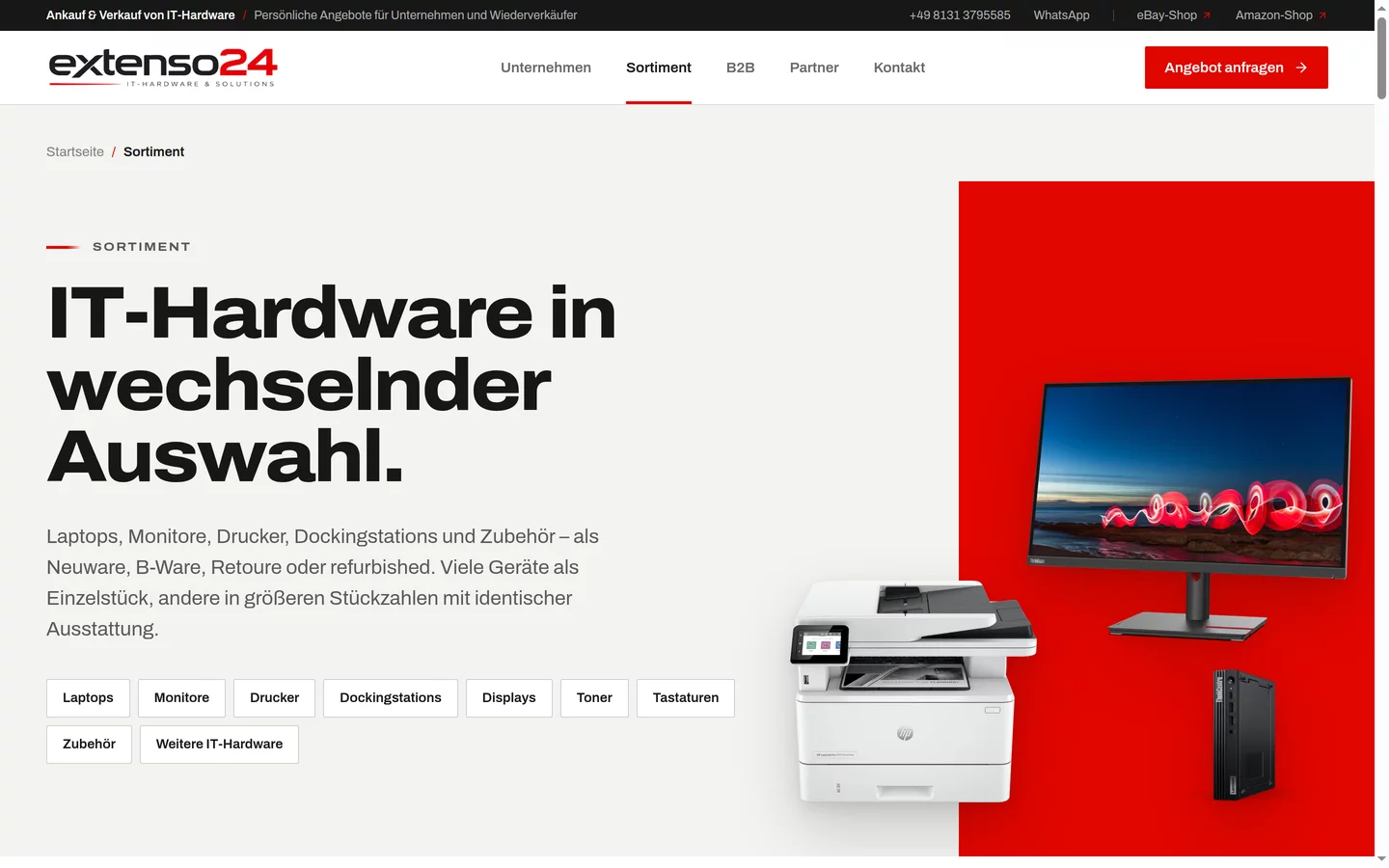 Website von EXTENSO24: Sortimentsseite mit Gerätekategorien