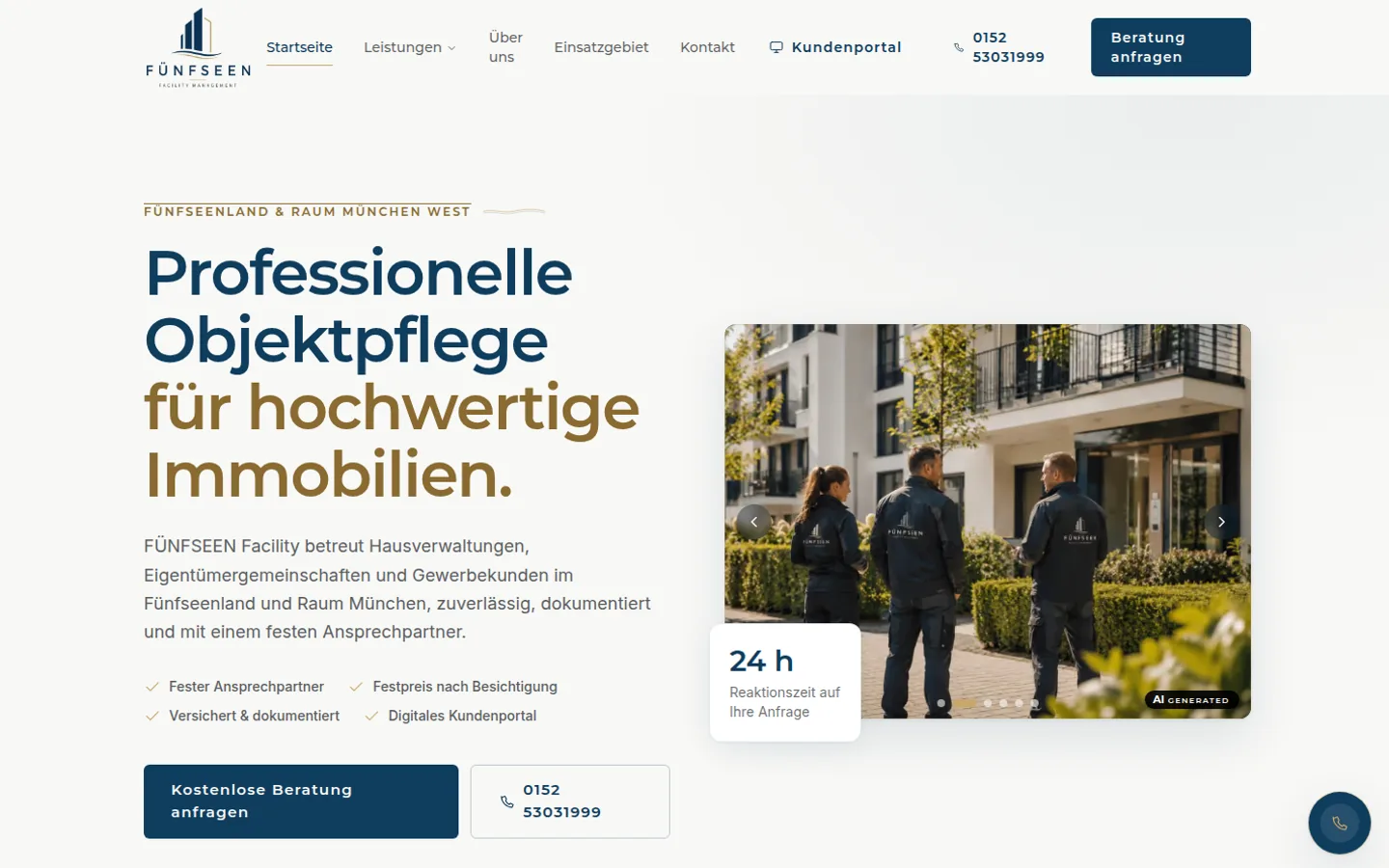 Startseite der Website von Fünfseen Facility Management