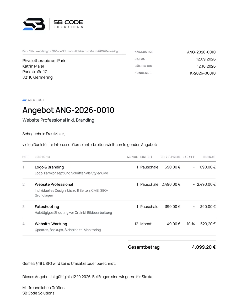Angebot als PDF: Logo, Anschrift, Positionen mit Rabatt, Gesamtbetrag und Hinweis nach § 19 UStG