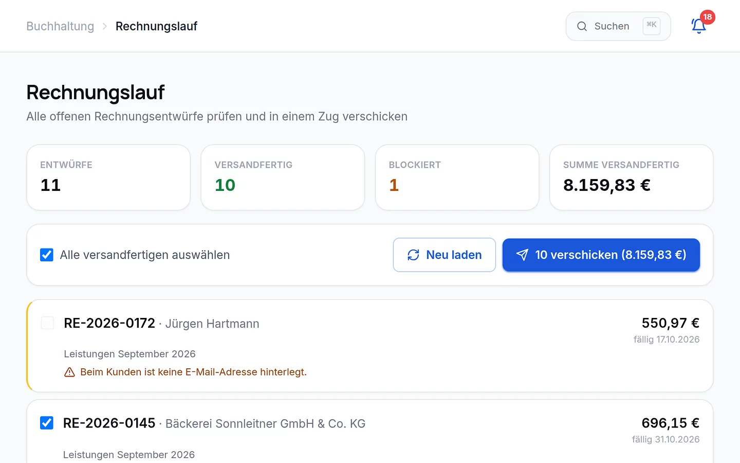 SB Portal Rechnungen: Monatsanfang: alle Rechnungen prüfen und in einem Zug verschicken.