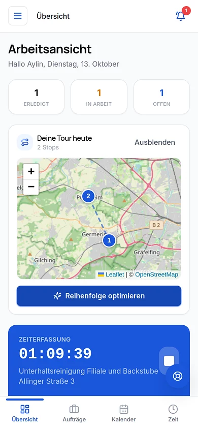 SB Portal Mobile-App: Tour des Tages mit Karte und optimierter Reihenfolge
