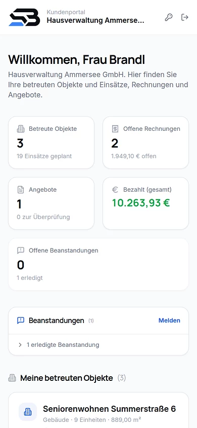 SB Portal Kundenportal am Handy: Objekte und letzte Einsätze einer Hausverwaltung